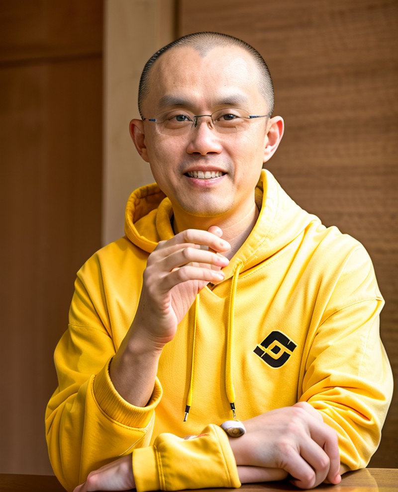 cz_binance, chinese man in glasses, yellow hoodie, waving, bald, suit, 8k uhd, dslr, soft lighting, high quality, film gra...